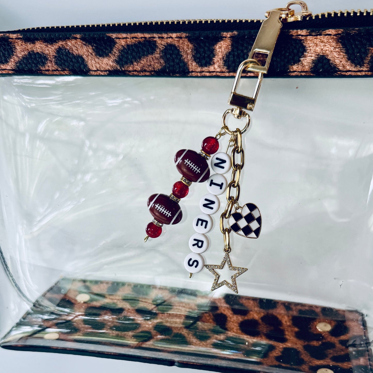 Niners Football Beaded Keychain: Gold Bag Charm with Enamel Heart and Star