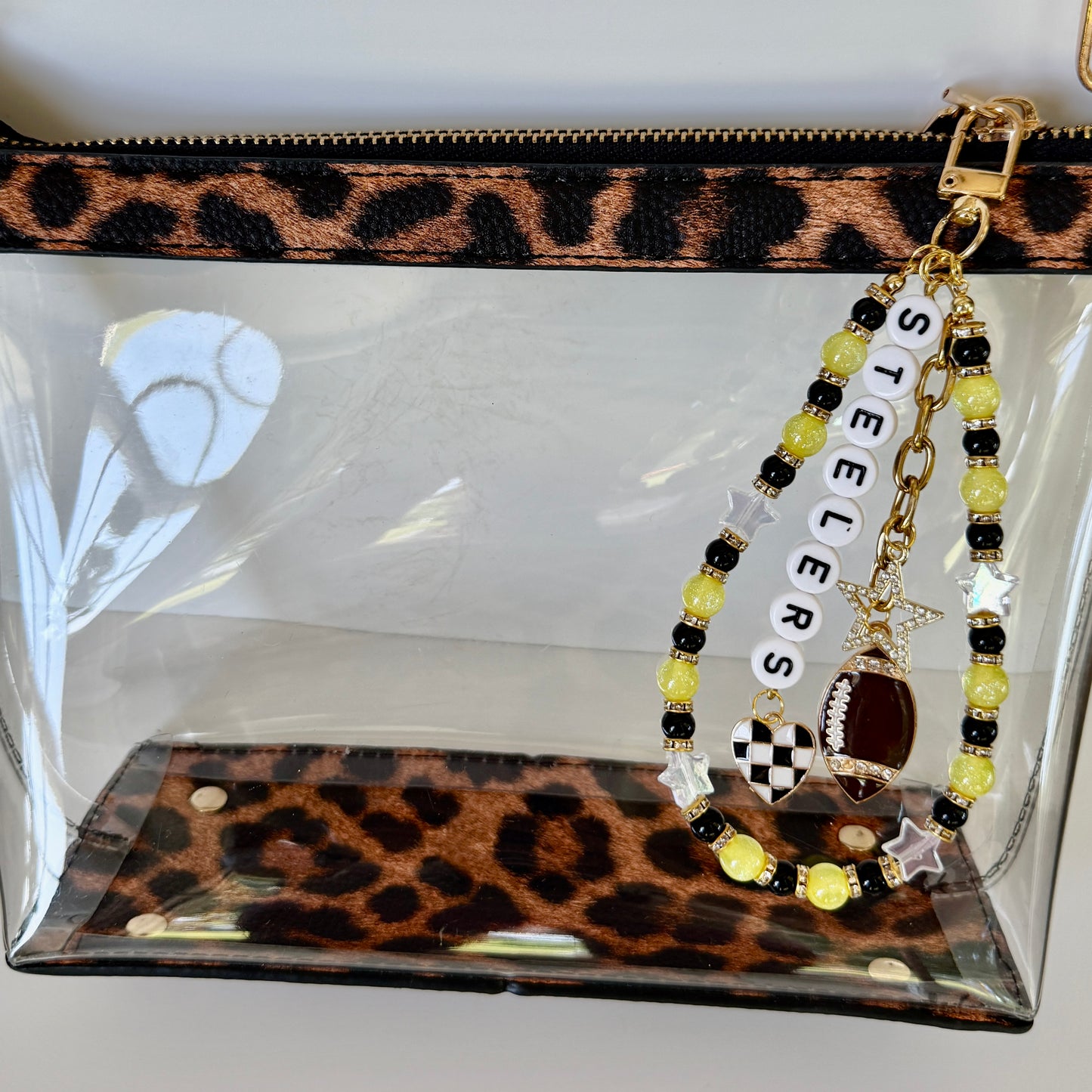 Steelers, Yellow & Black Beaded Bag Charm or Gold Chain – Football Purse Accessory, 6” Beaded Charm, 12.5” Chain, Custom Game Day Fit
