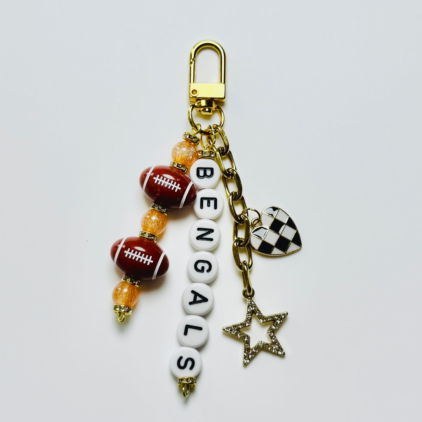 Bengals Football Beaded Keychain – Gold Bag Charm with Letter Beads, Football Beads, & Enamel Heart
