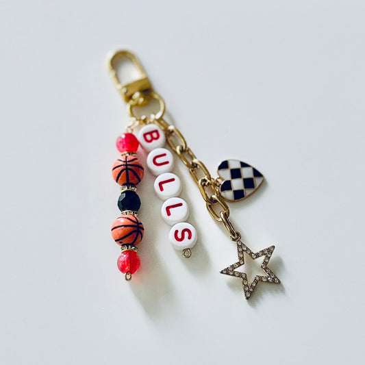 Bulls Basketball Keychain – Gold, Red & Black Beaded Keychain with Star and Heart Charms