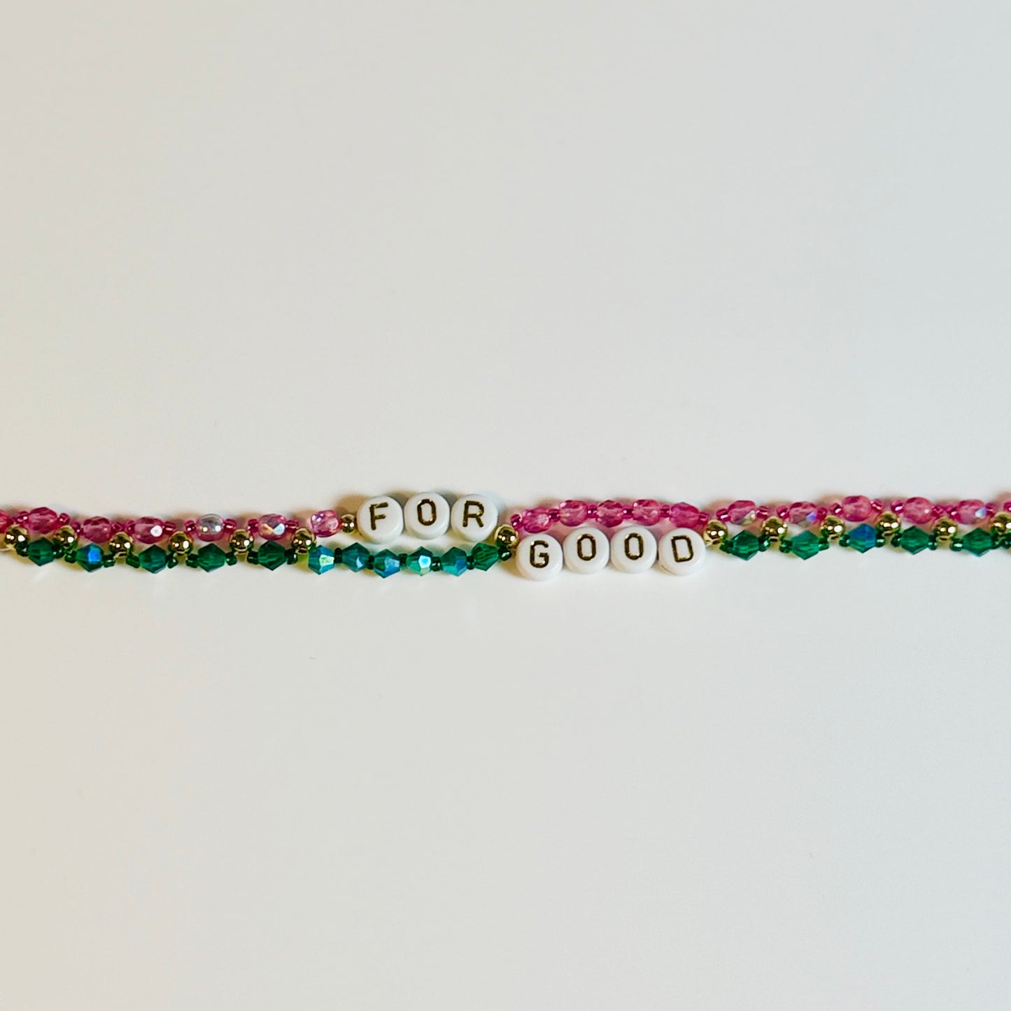 For Good Bracelet: Green and Pink Glass Beads with Gold or Silver Accents