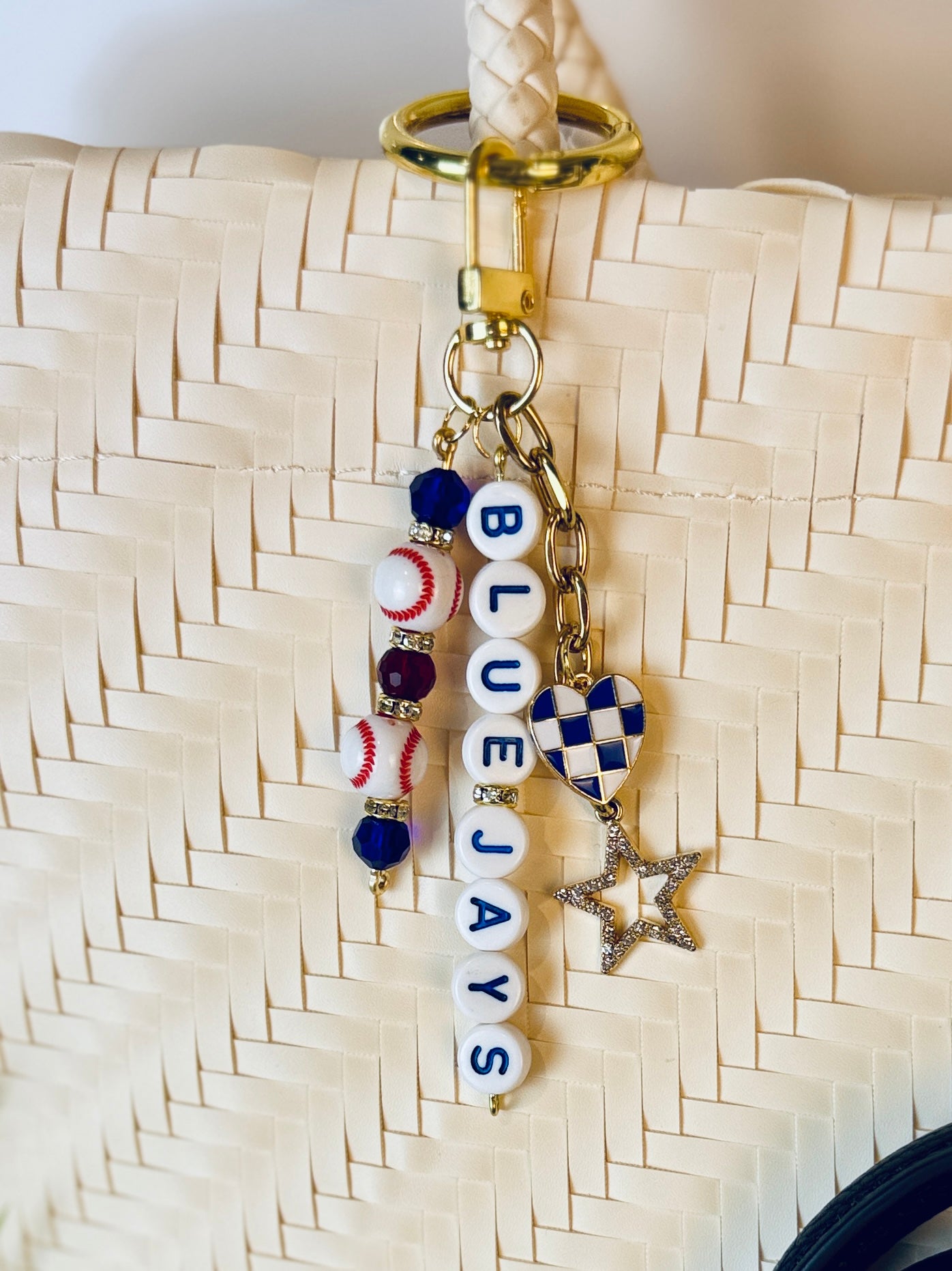 Baseball Beaded Bag Charm: Baseball Keychain with Letter Beads