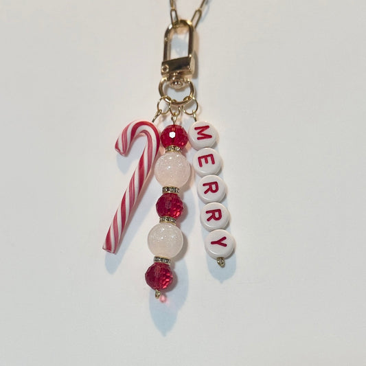 Merry Bag Charm: Christmas Candy Cane Charm with Red and White Beads Keychain
