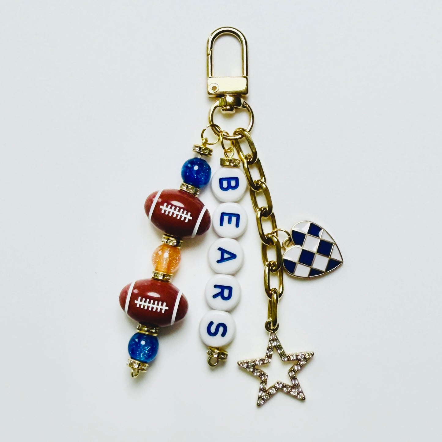 Bears Football Beaded Keychain – Gold Bag Charm with Letter Beads, Football Beads, & Enamel Heart