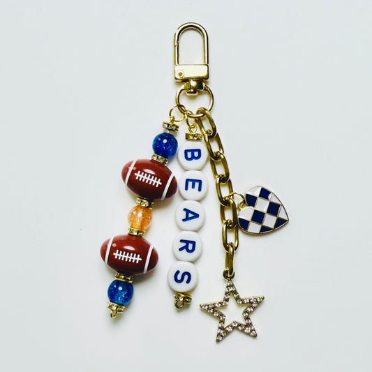 Bears Football Beaded Keychain – Gold Bag Charm with Letter Beads, Football Beads, & Enamel Heart