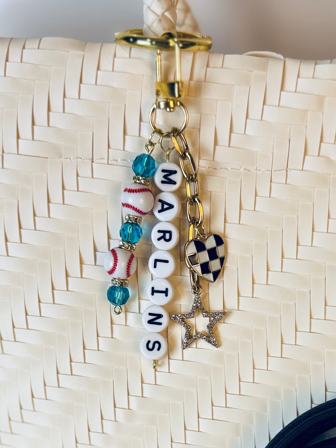 Baseball Beaded Bag Charm: Baseball Keychain with Letter Beads