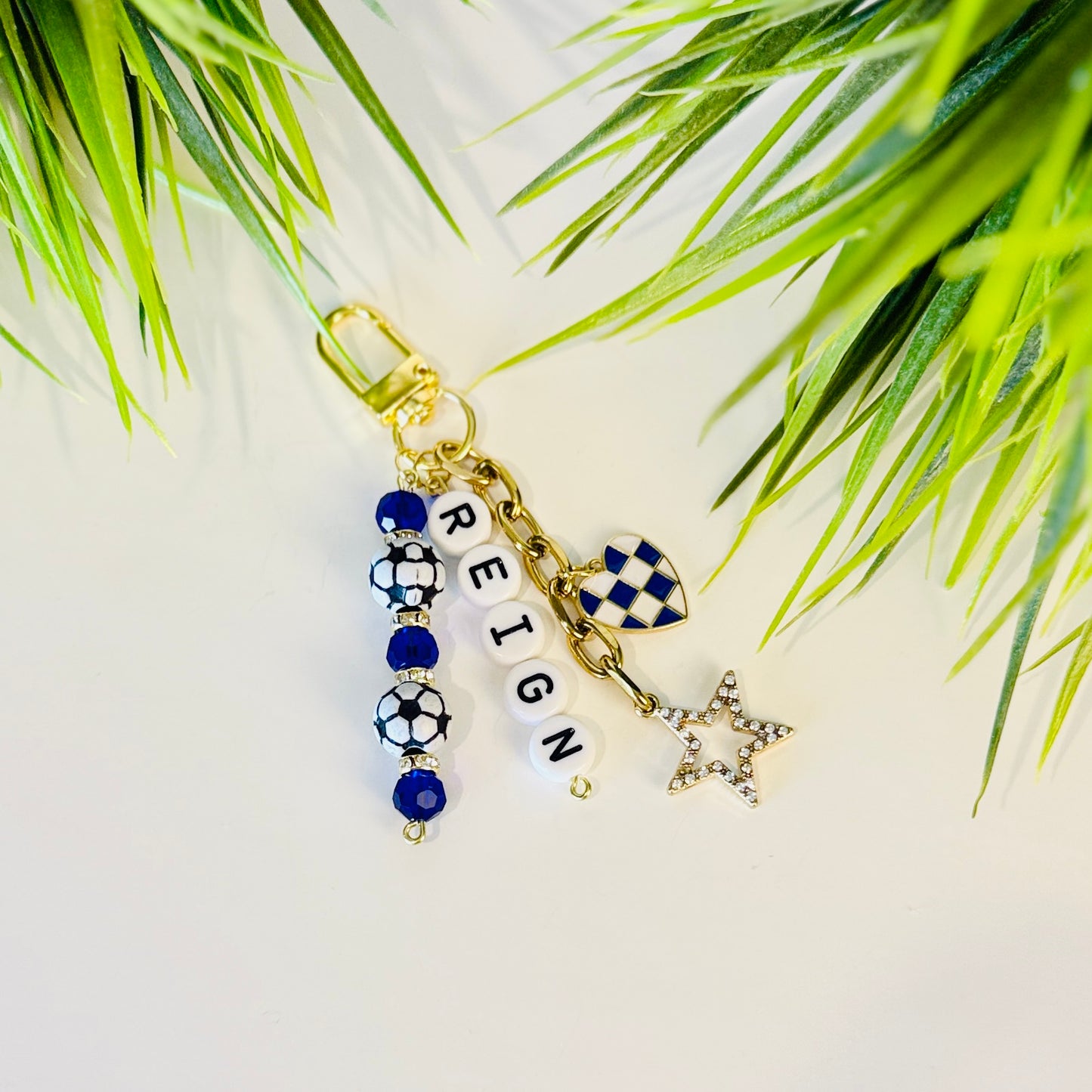 Women's Soccer Bag Charm Beaded Keychain: Custom Team and Colors with Gold Star Charm, Soccer Beads