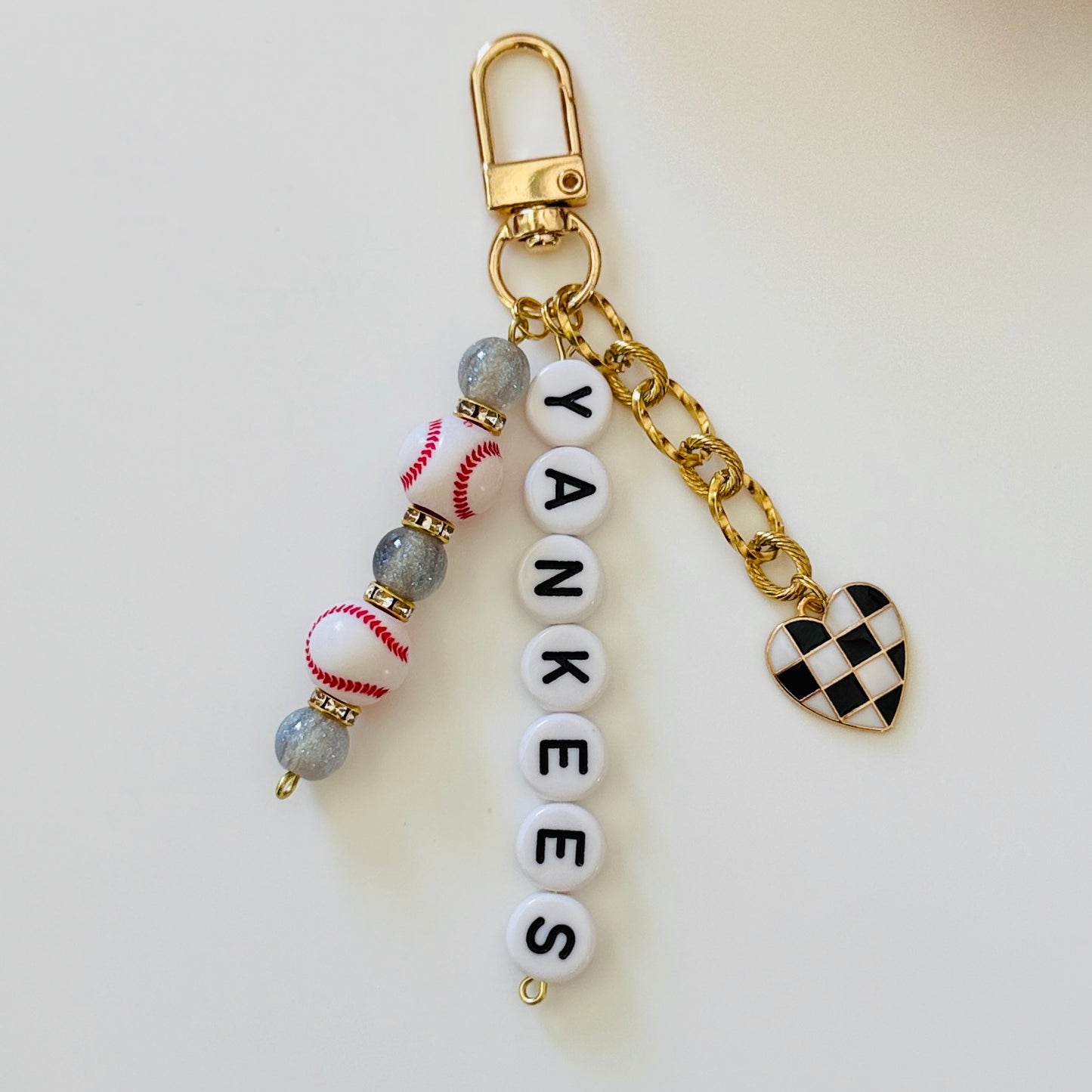 Baseball Beaded Keychain – Dodgers, Yankees, Mets, Others – Gold Bag Charm n with Letter Beads, Baseball Beads, & Enamel Heart