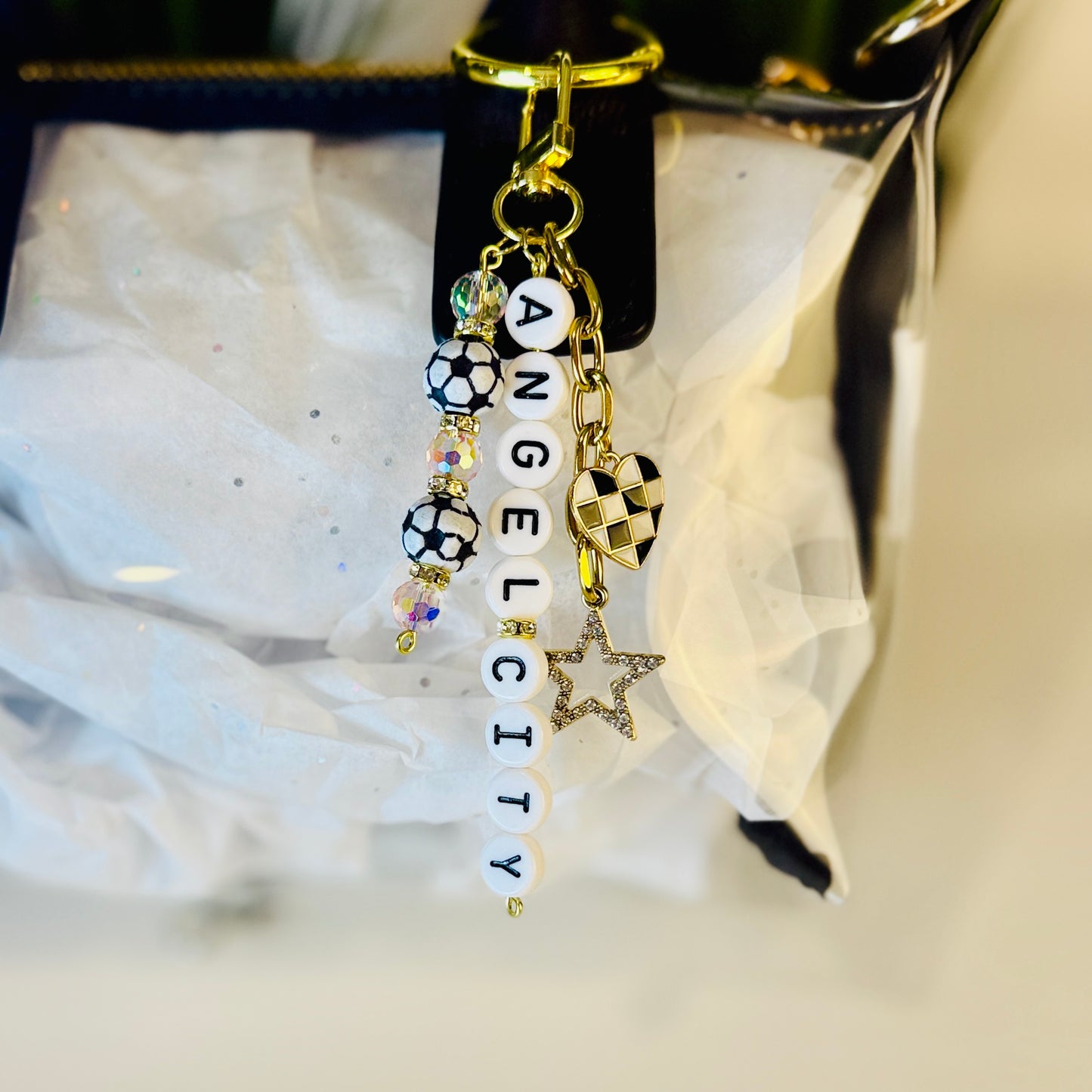 Women's Soccer Bag Charm Beaded Keychain: Custom Team and Colors with Gold Star Charm, Soccer Beads