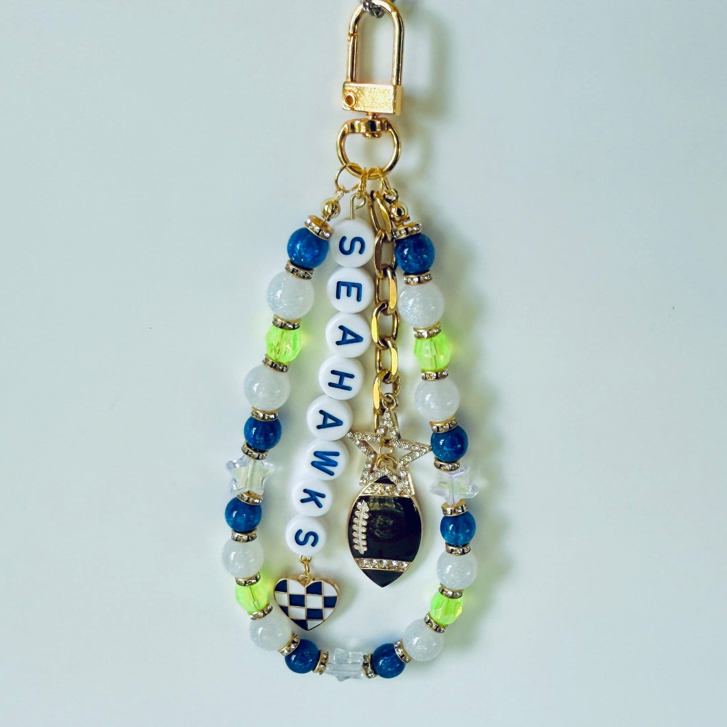 Seahawks Football Bag Charm or Chain – Blue Green Beaded Keychain or Stadium Purse Clip – Game Day Accessory – Handmade Gift