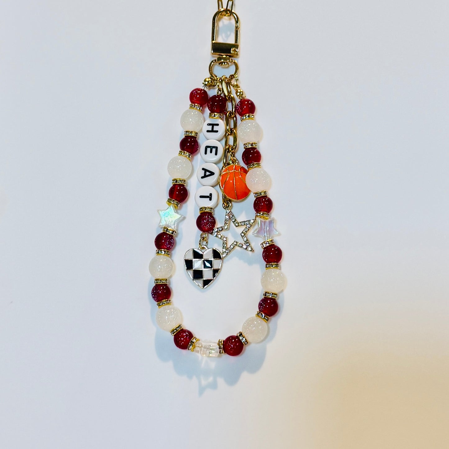 Heat Basketball Bag Charm: Handmade Red and White Beaded Keychain with Charms
