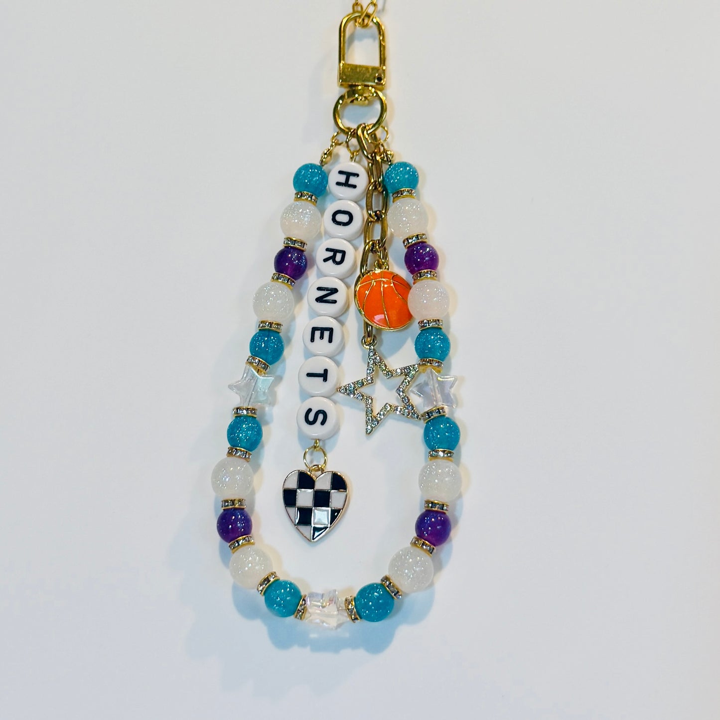 Hornets Basketball Bag Charm: Handmade Teal, Purple and White Beaded Keychain with Charms