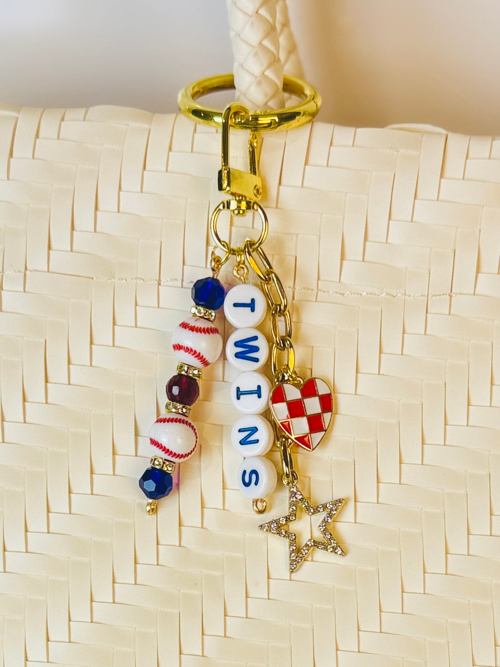 Baseball Beaded Bag Charm: Baseball Keychain with Letter Beads