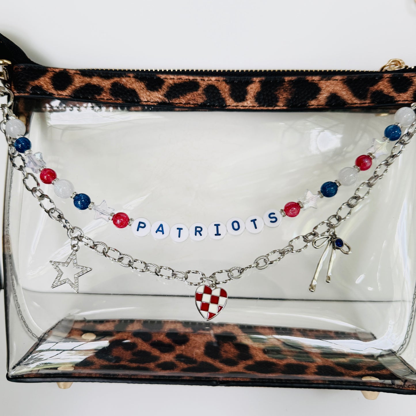 Patriots Football Bag Charm or Chain – Red White Blue Beaded Keychain or Purse Accessory – Game Day Stadium Bag Clip – Handmade Gift