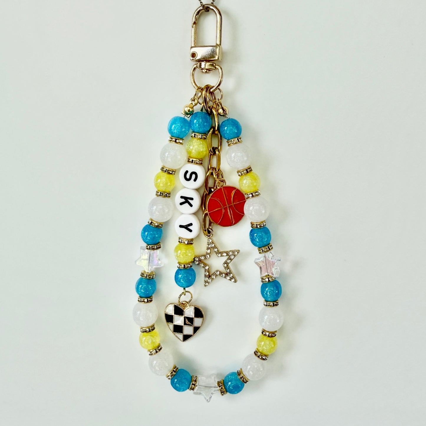 Sky Women’s Basketball, Blue, Yellow, White Basketball Bag Charm – 6.5” Handmade Beaded Keychain with Charms, Sports Bag Accessory, Resin Beads