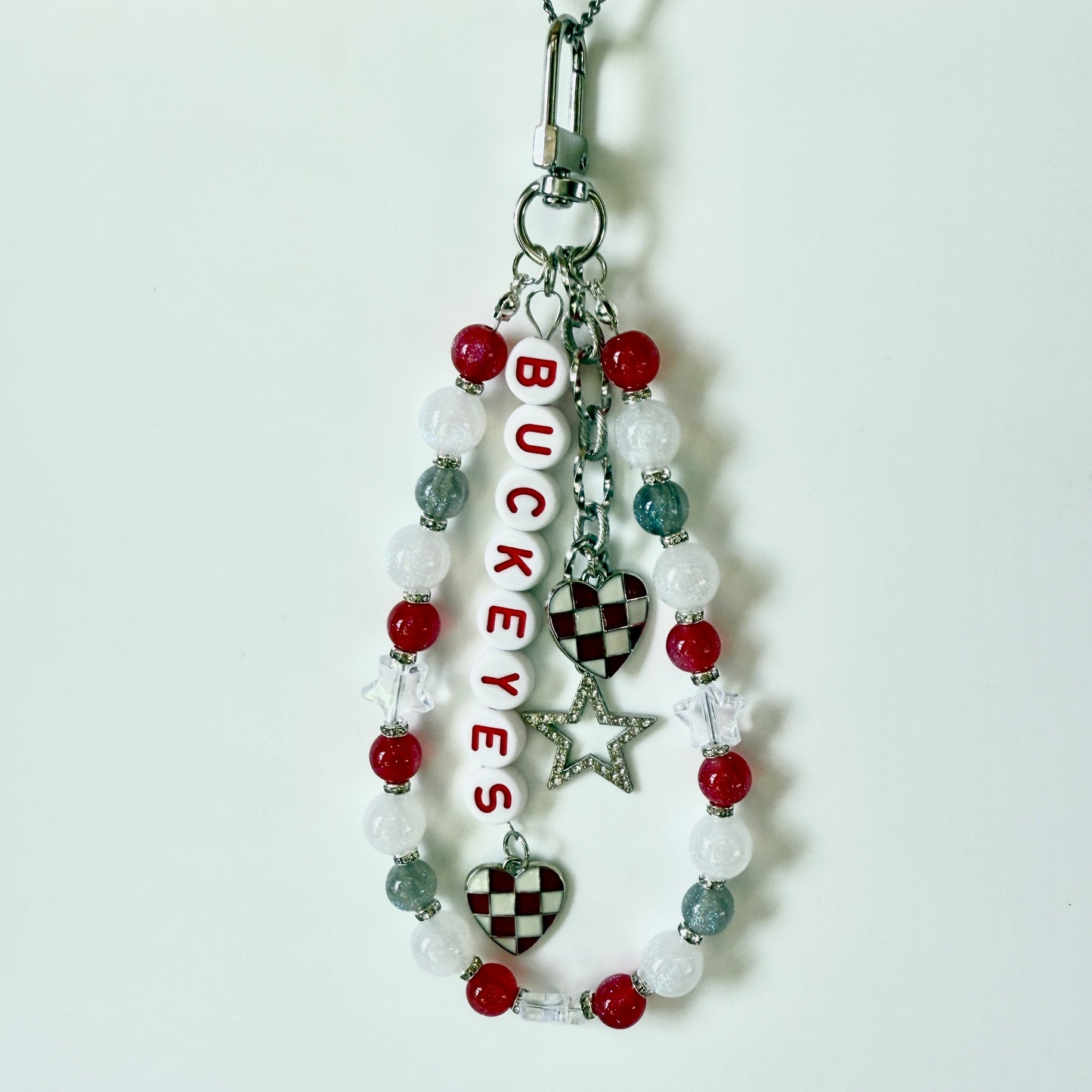 Buckeyes College Football Bag Charm – Red, White & Gray Beaded Keychain with Charms – Game Day Purse Clip – Handmade Gift