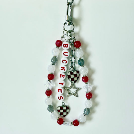 Buckeyes College Football Bag Charm – Red, White & Gray Beaded Keychain with Charms – Game Day Purse Clip – Handmade Gift