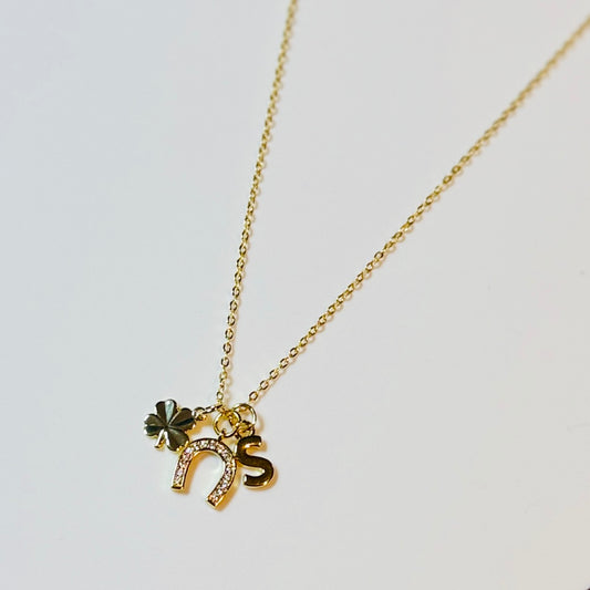 18K Gold Plated Lucky Charm Necklace: Personalized Initial Charm Necklace, Clover Horseshoe Initial Pendant | Custom Letter Necklace