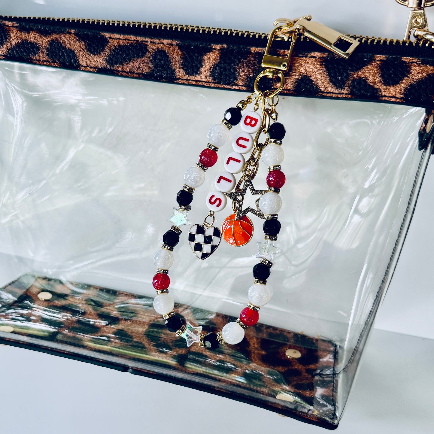 Bulls Beaded Bag Charm: Red & White Keychain with Football, Heart and Star Charms