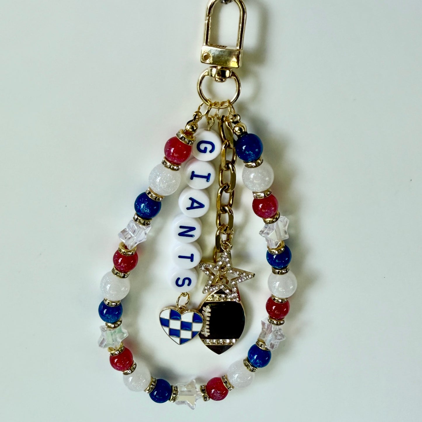 Giants Football Beaded Bag Charm: Red White & Blue Keychain - Handmade