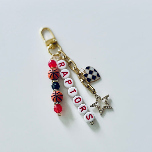 Raptors Basketball Keychain – Red & Black Beaded Keychain with Heart and Star Charms