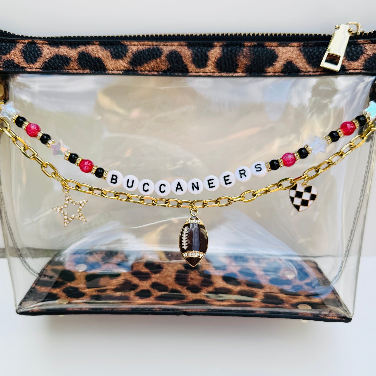 Buccaneers Beaded Bag Charm or Gold Chain:  Football Purse Accessory
