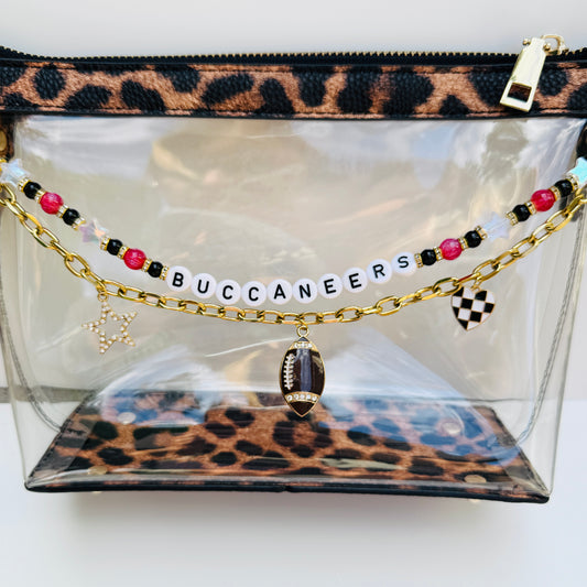 Buccaneers Beaded Bag Charm or Gold Chain – Red & Black Football Purse Accessory, 6” Charm, 12.5” Chain, Game Day Bag Jewelry