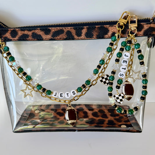 Jets Football Bag Charm or Chain – Green & Black Beaded Keychain or Purse Accessory – Game Day Stadium Bag Clip – Handmade Gift