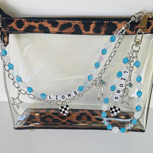 Lions Beaded Bag Charm or Silver Chain – Blue & White Football Purse Accessory, 6” Charm, 12.5” Chain, Game Day Bag Jewelry