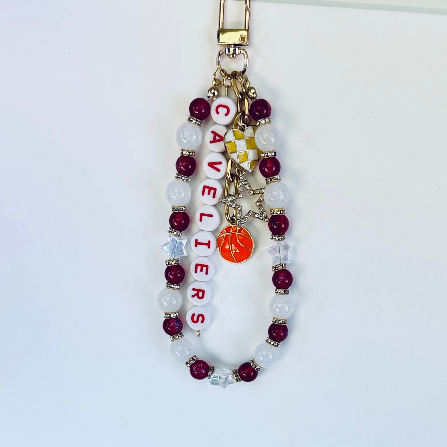 Cavaliers Basketball Bag Charm: Handmade Red & White Beaded Keychain with Charms