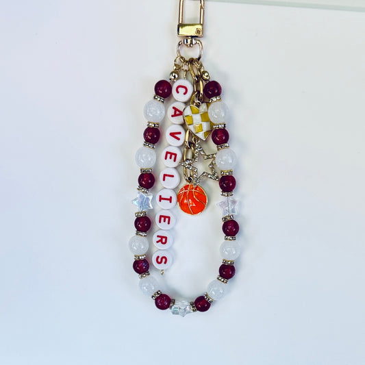 Cavaliers Basketball Bag Charm: Handmade Red & White Beaded Keychain with Charms