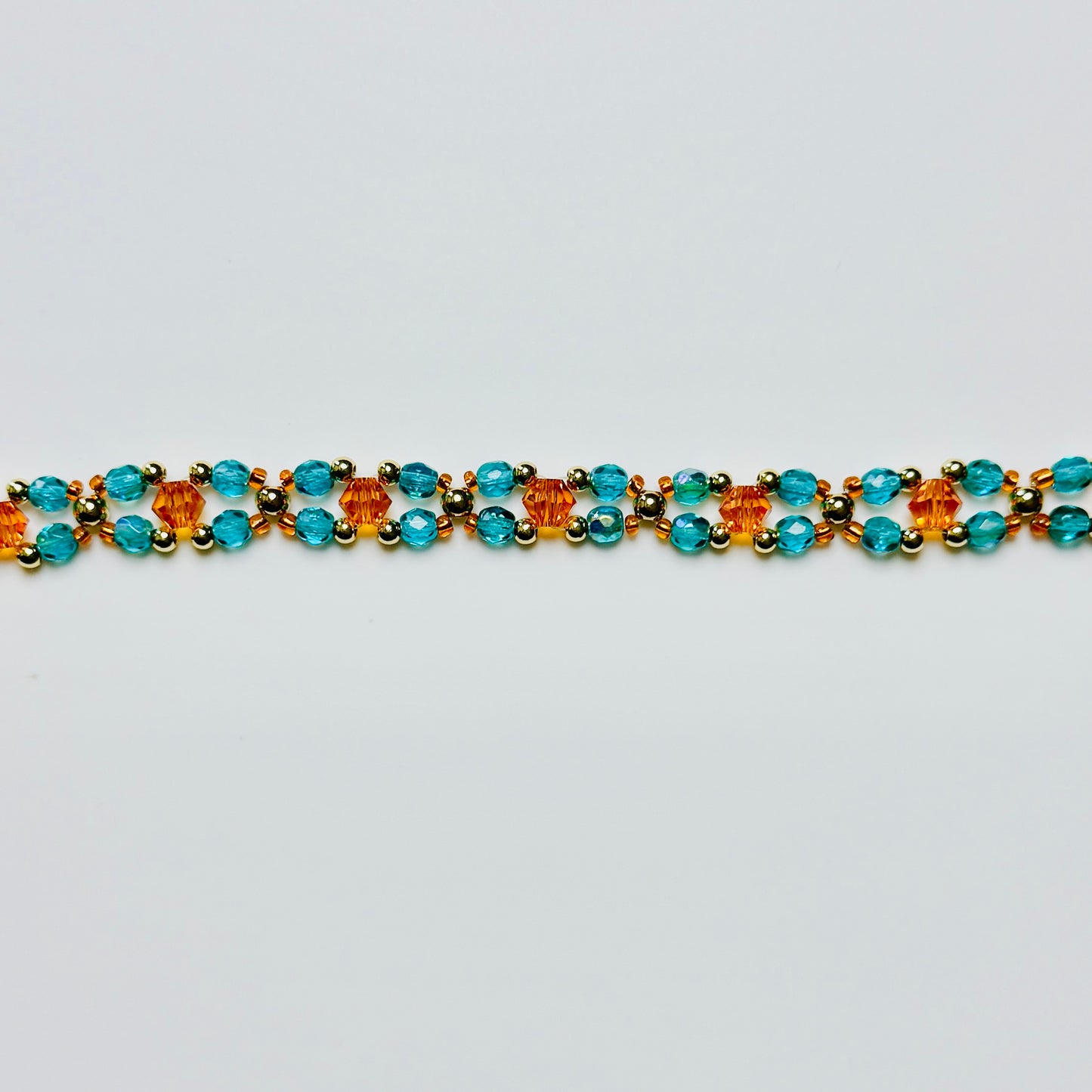 Showgirl Era Beaded Bracelet – Teal Green Czech Glass and Orange Crystal with 18k Gold Plated Beads, Stretch or Lobster Clasp