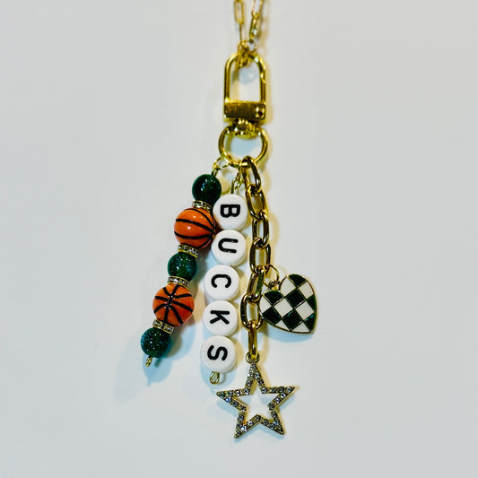 Bucks Basketball Bag Charm – Gold, Green and White Beaded Keychain with Star and Heart Charms