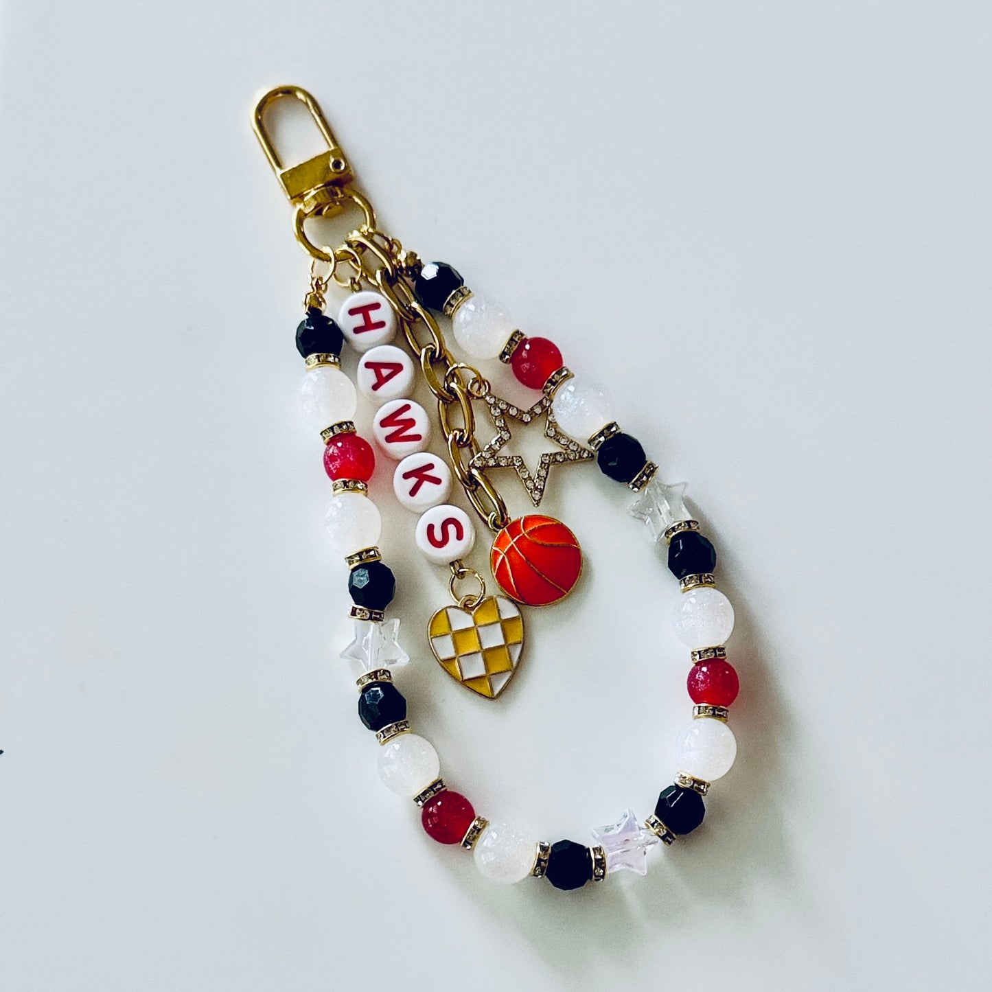 Hawks Beaded Bag Charm: Red & White Keychain with Football, Heart and Star Charms
