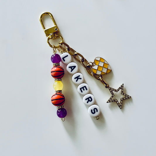 Lakers Basketball Keychain – Gold, Purple & Yellow Beaded Keychain with Star and Heart Charms