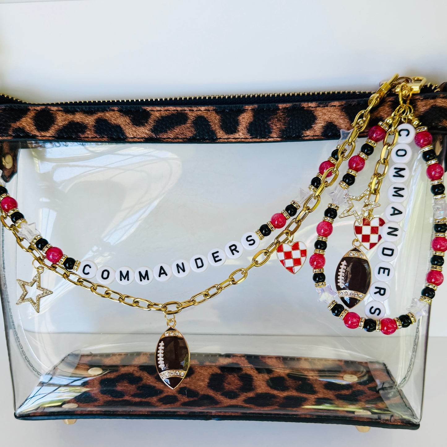 Commanders Beaded Bag Charm or Gold Chain – Red Black Gold Football Purse Accessory, 6” Charm, 12.5” Chain, Game Day Bag Jewelry
