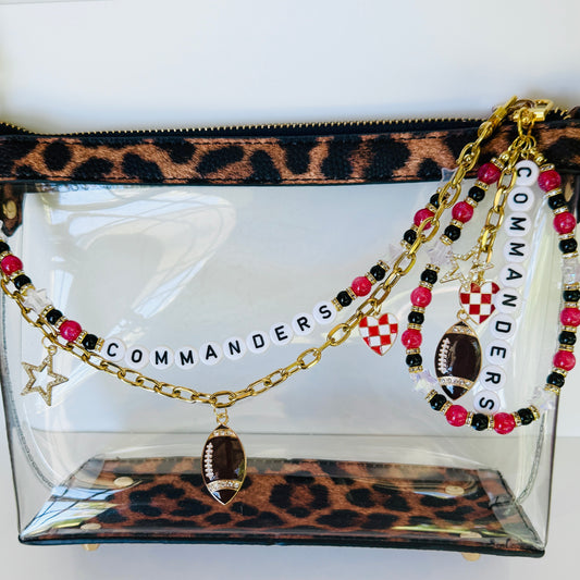 Commanders Beaded Bag Charm or Gold Chain – Red Black Gold Football Purse Accessory, 6” Charm, 12.5” Chain, Game Day Bag Jewelry
