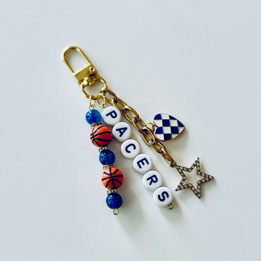 Pacers Basketball Keychain – Gold, Blue Beaded Keychain with Star and Heart Charms