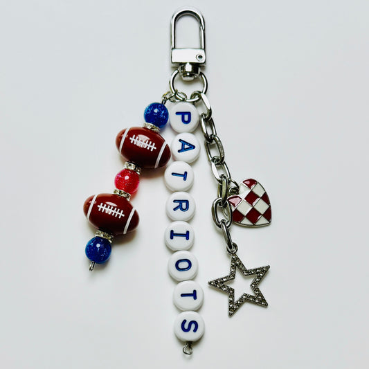 Patriots Football Beaded Keychain – Silver Bag Charm with Letter Beads, Football Beads, & Enamel Heart