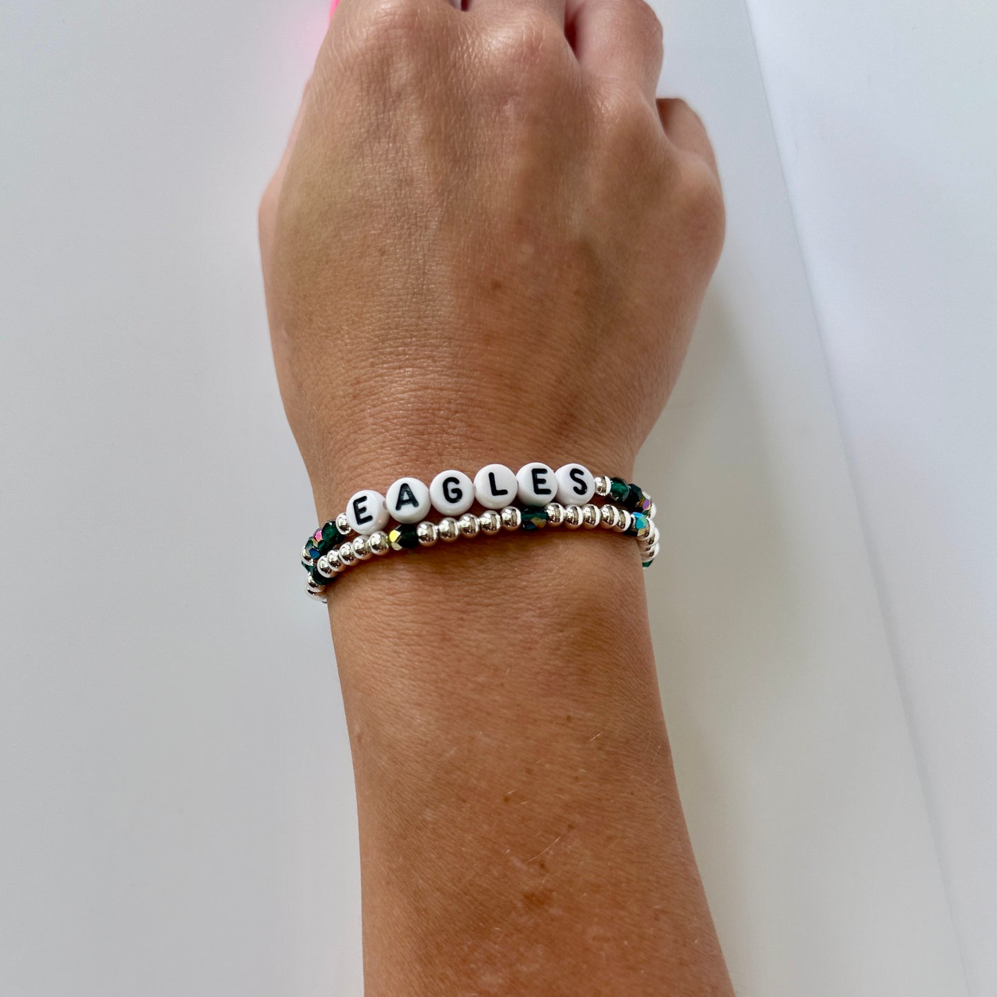 Green and Silver Eagles Football Inspired Bracelet Stack – Czech Fire Polished Beads, Silver- Plated Accents – Handmade Game Day Jewelry