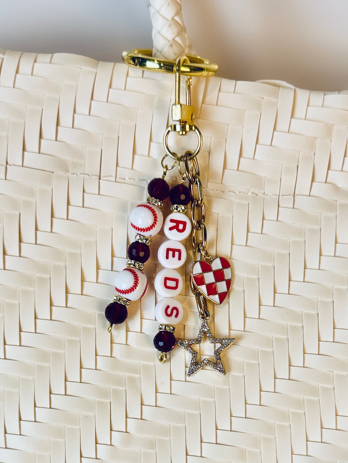 Reds Bag Charm | Baseball Keychain Zipper Pull | Baseball Fan Gift | Choose Your Team & Size | Handmade Sports Accessory