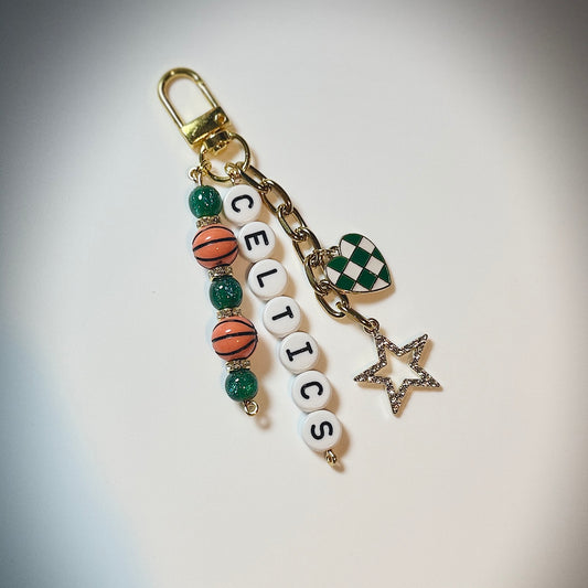 Celtics Basketball Bag Charm – Gold, Green box and White Beaded Keychain with Star and Heart Charms