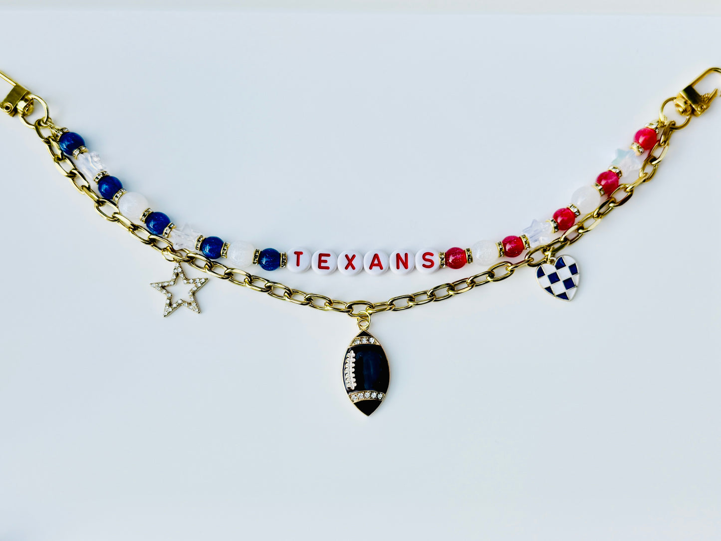 Texans Beaded Bag Charm or Gold Chain – Red White Blue Football Purse Accessory, 6” Charm, 12.5” Chain, Custom Game Day Bag Jewelry