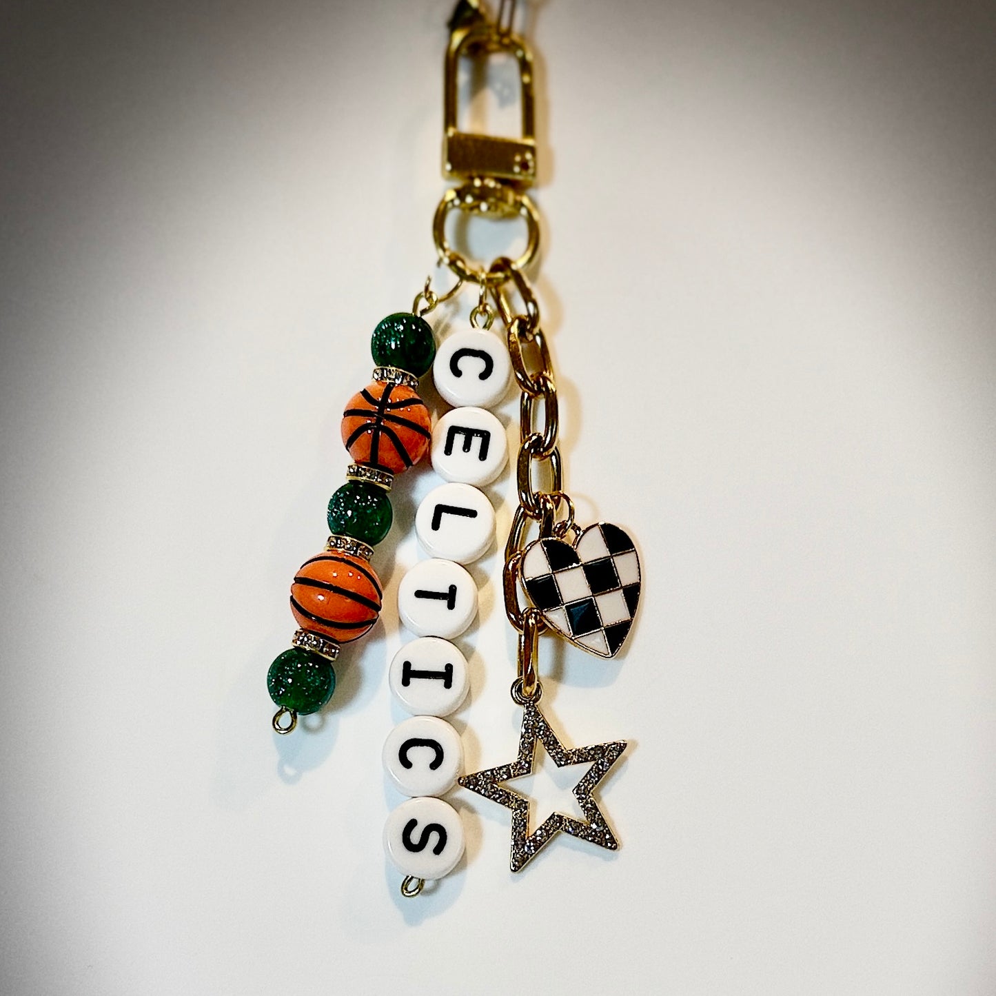 Celtics Basketball Bag Charm – Gold, Green box and White Beaded Keychain with Star and Heart Charms