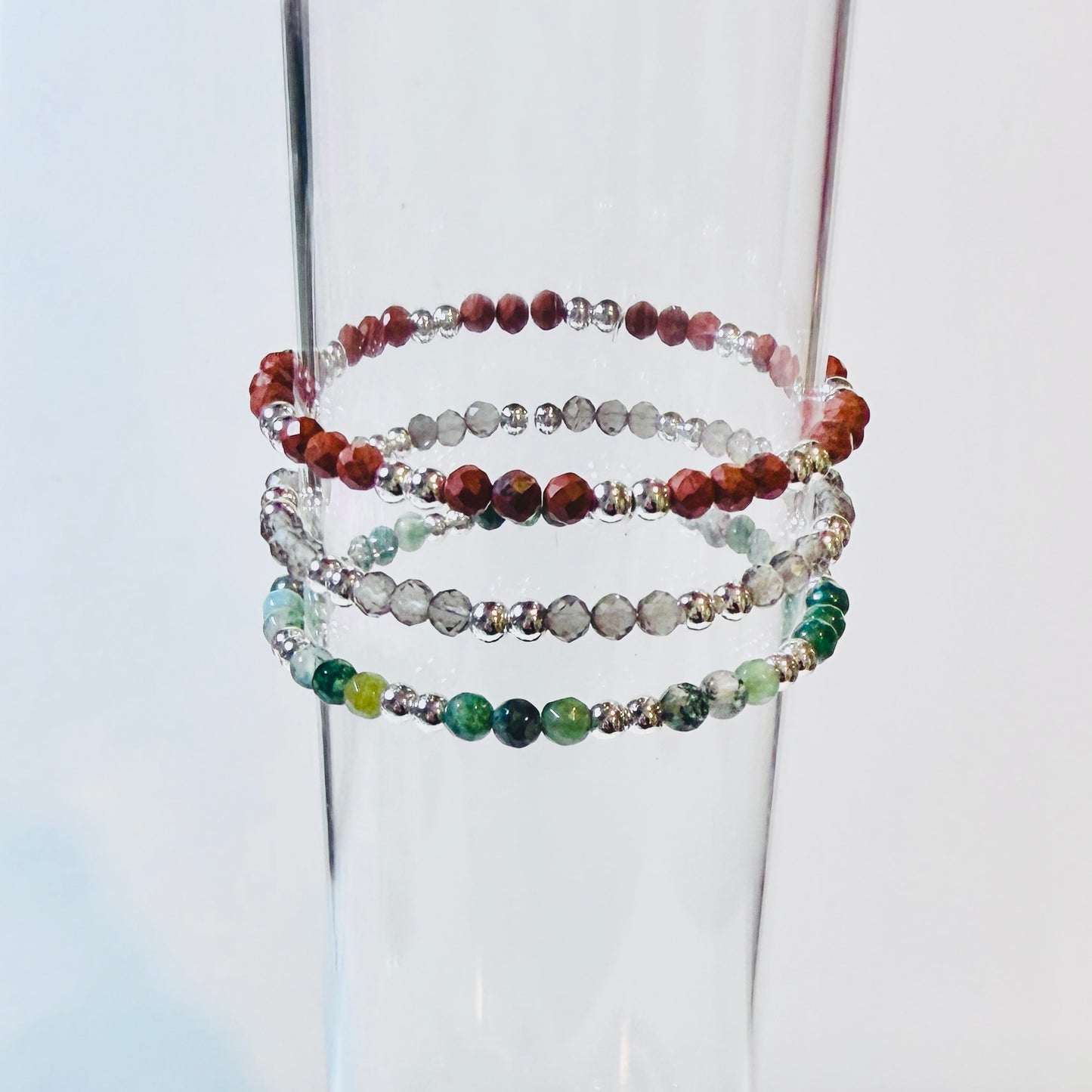 Grounding Crystal Bracelet Stack – Red Jasper, Smoky Quartz & Moss Agate