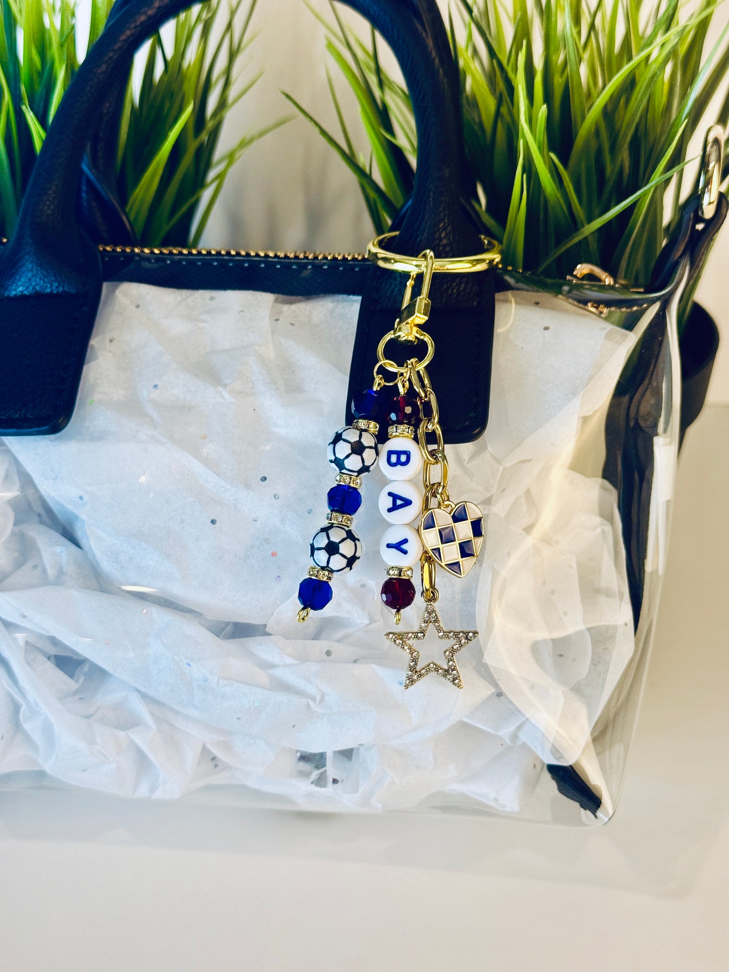 Bay Soccer Bag Charm: Blue and Red Beaded Keychain, Gold Keychain with Star and Heart Charms