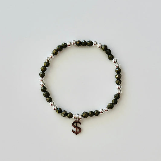 Pyrite Money Manifestation Bracelet: Gold or Silver Dollar Sign Charm