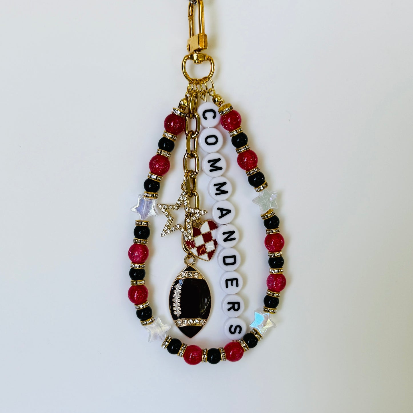 Commanders Beaded Bag Charm or Gold Chain – Red Black Gold Football Purse Accessory, 6” Charm, 12.5” Chain, Game Day Bag Jewelry