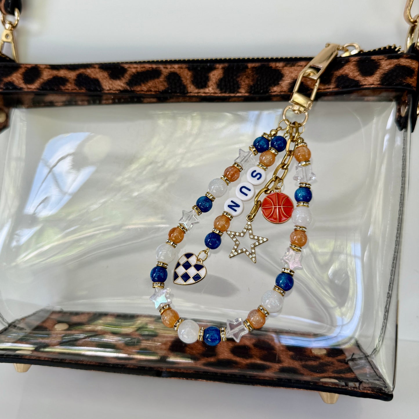 Sun Women’s Basketball, Orange, Blue, White Basketball Bag Charm – 6.5” Handmade Beaded Keychain with Charms, Sports Bag Accessory, Resin Beads