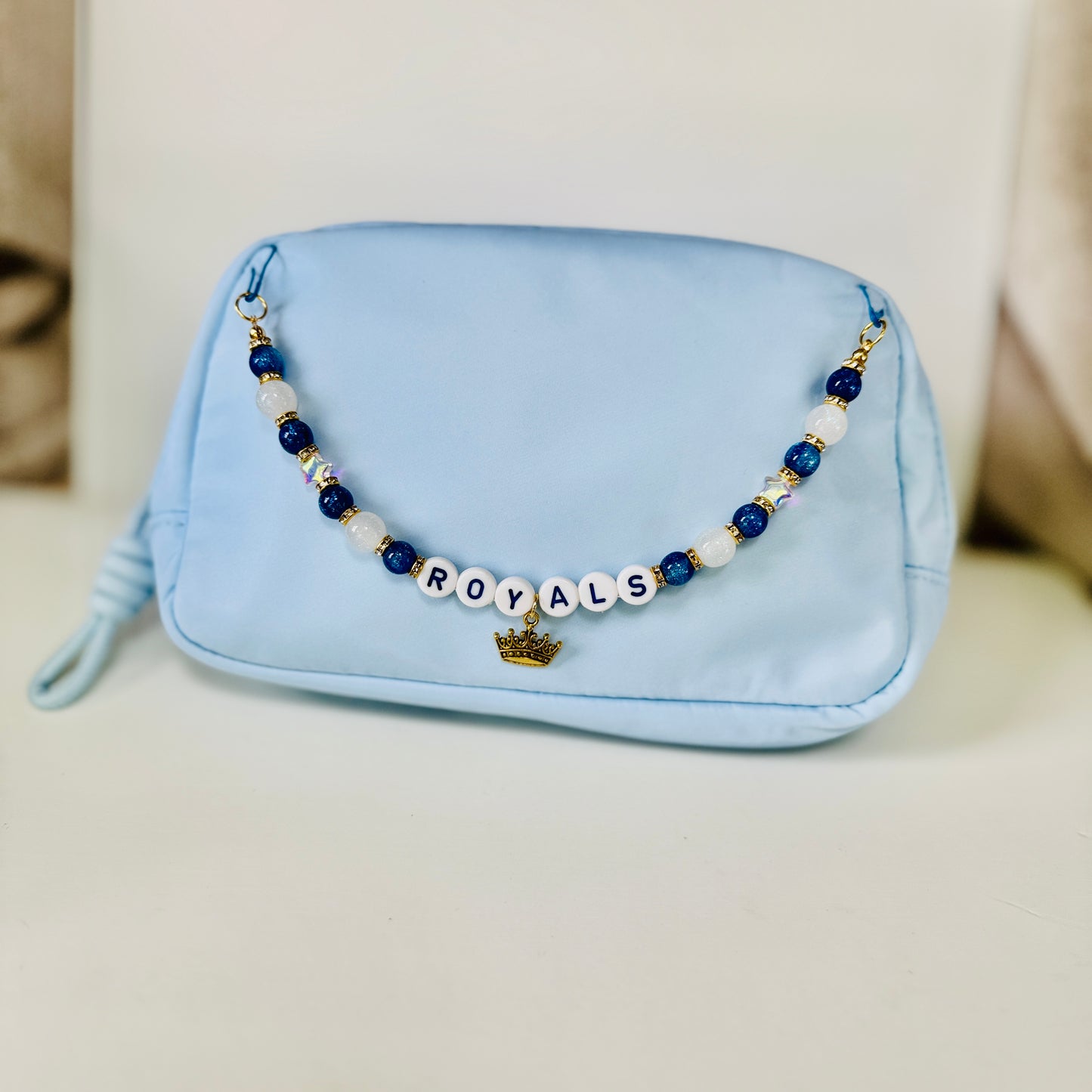 Royals Bag Charm – Blue & White Beaded Purse Chain with Letter Beads & Crown Charm